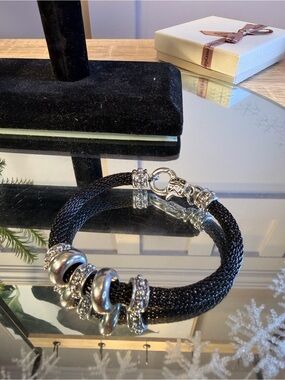 Black Mesh Bracelet with Silver Accent Beads